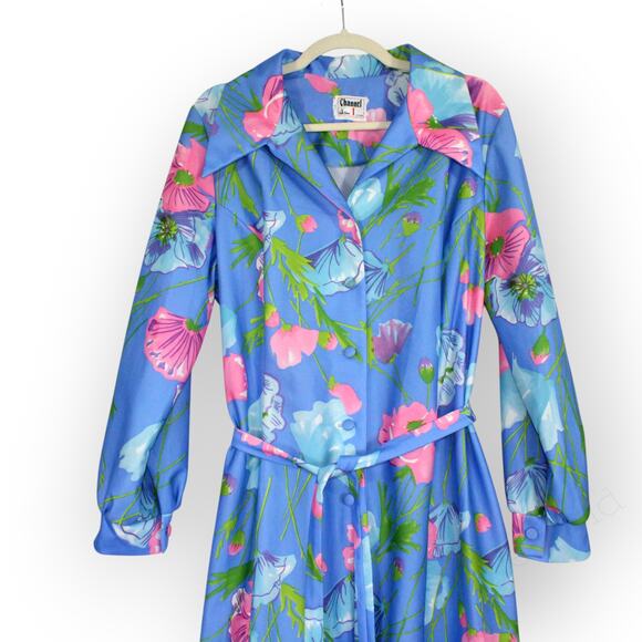 L/XL Vintage Channel1 by BillSims HouseDress DressingGown Poly Floral Aloha 70s - Picture 2 of 11